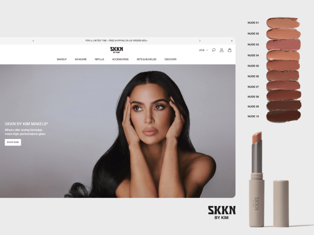 Screenshot of SKKN BY KIM's website featuring Kim Kardashian and her makeup line