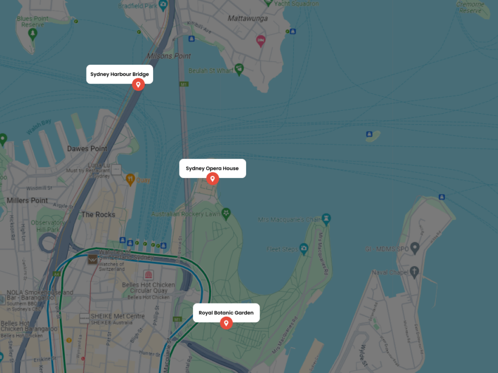 A map highlighting Sydney's famous landmarks, integral for wedding photographers targeting local SEO