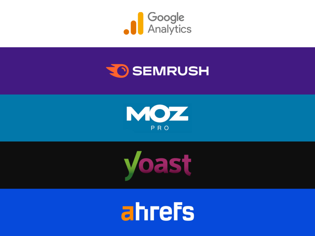Logos of top SEO tools like Google Analytics and Semrush, vital for enhancing a photographer's online presence