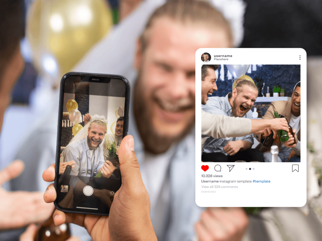 A wedding photographer captures a celebratory moment on their phone, with social media engagement evident on the screen