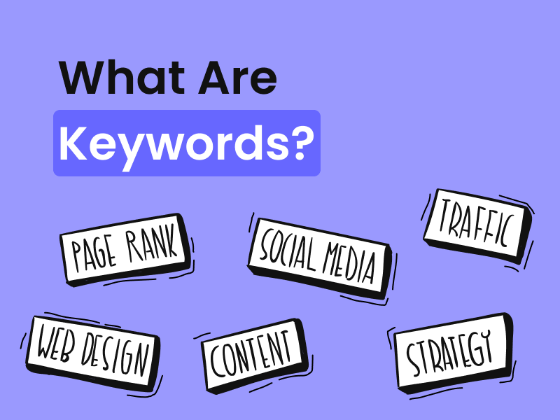 A vibrant graphic with the question "What Are Keywords?" amidst a scattering of keyword and SEO-related terms
