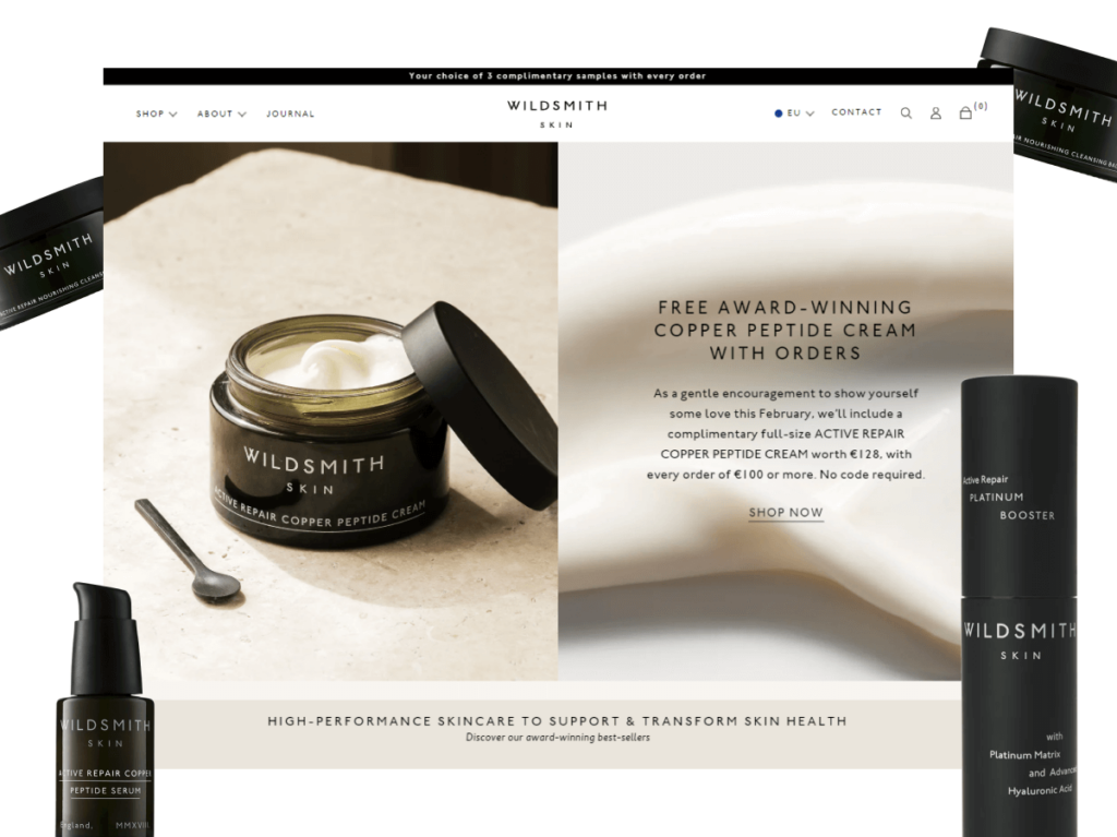 Screenshot of Wildsmith Skin's elegant website featuring their Active Repair Copper Peptide Cream