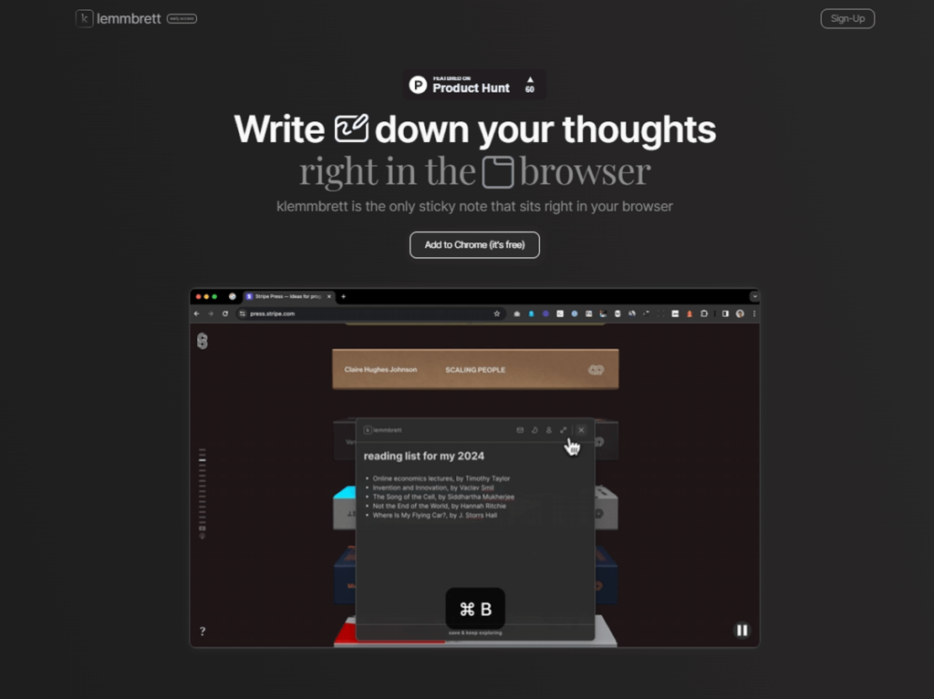Klemmbrett extension website with an invitation to write down your thoughts in the browser