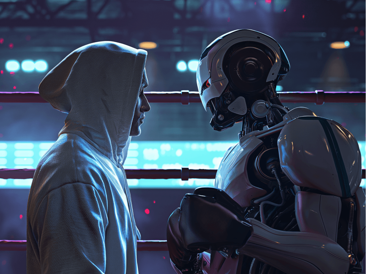Human web designer in a hoodie facing an AI robot in a boxing ring, symbolising the competition in web design