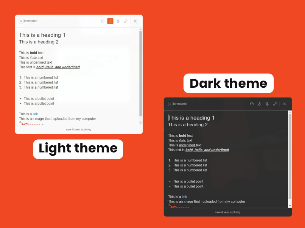 Screenshot of the Klemmbrett note-taking extension interface with dark and light themes