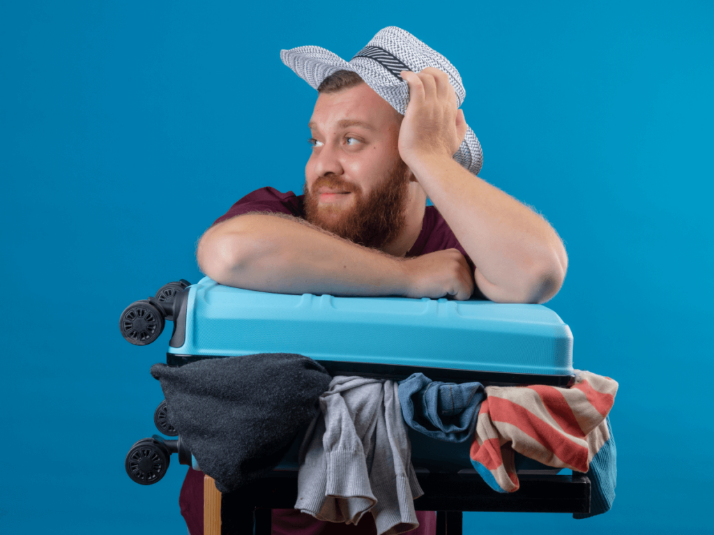 Man with a suitcase overflowing with clothes, representing the need to compress website content