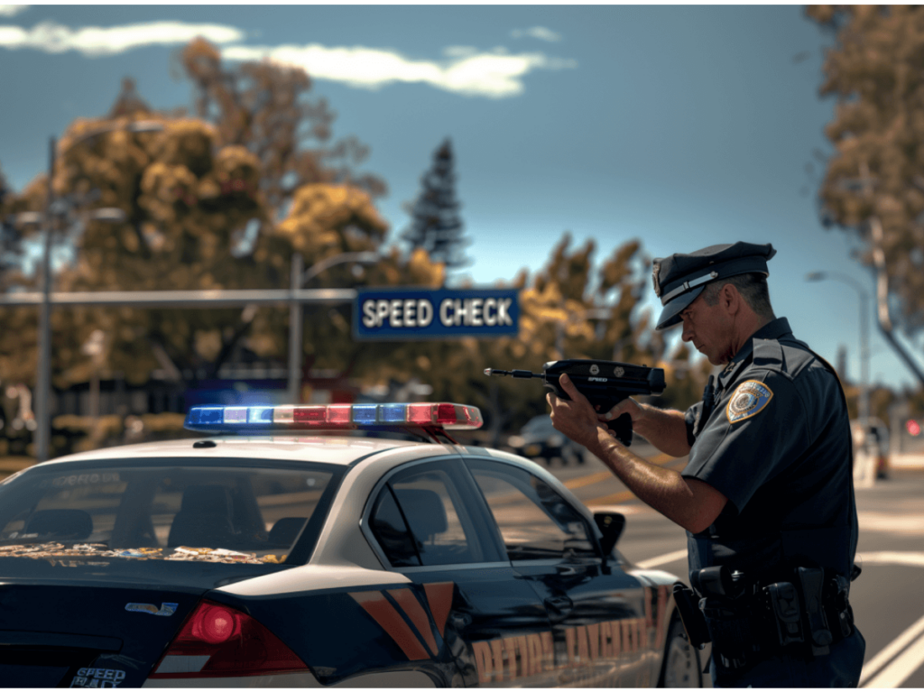 Policeman using a radar gun for speed monitoring next to a patrol car with a speed check sign in the background