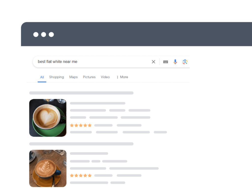 Screenshot of a search engine results page with the query 'best flat white near me'