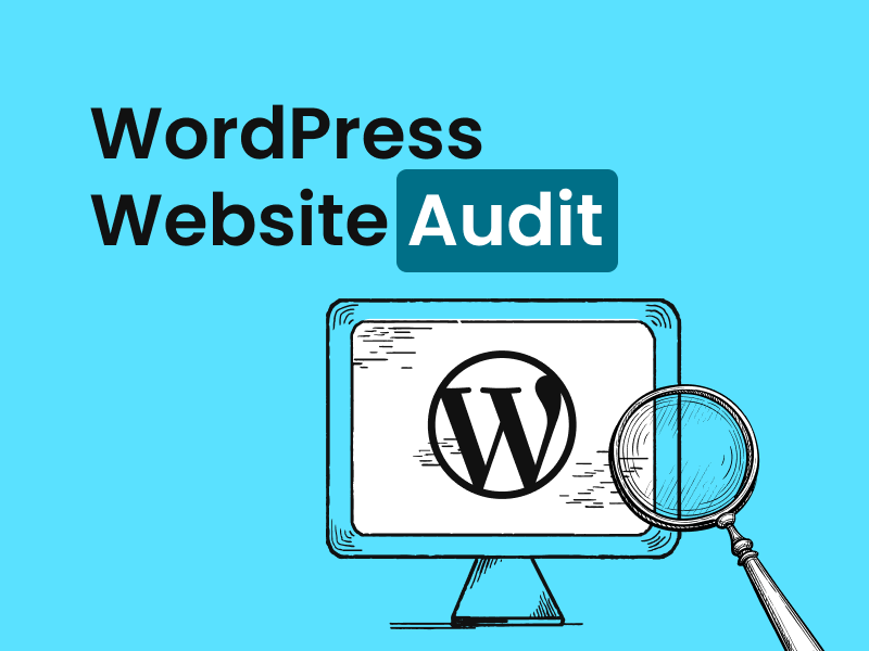 Illustration of a computer screen with the WordPress logo and a magnifying glass, highlighting a WordPress website audit