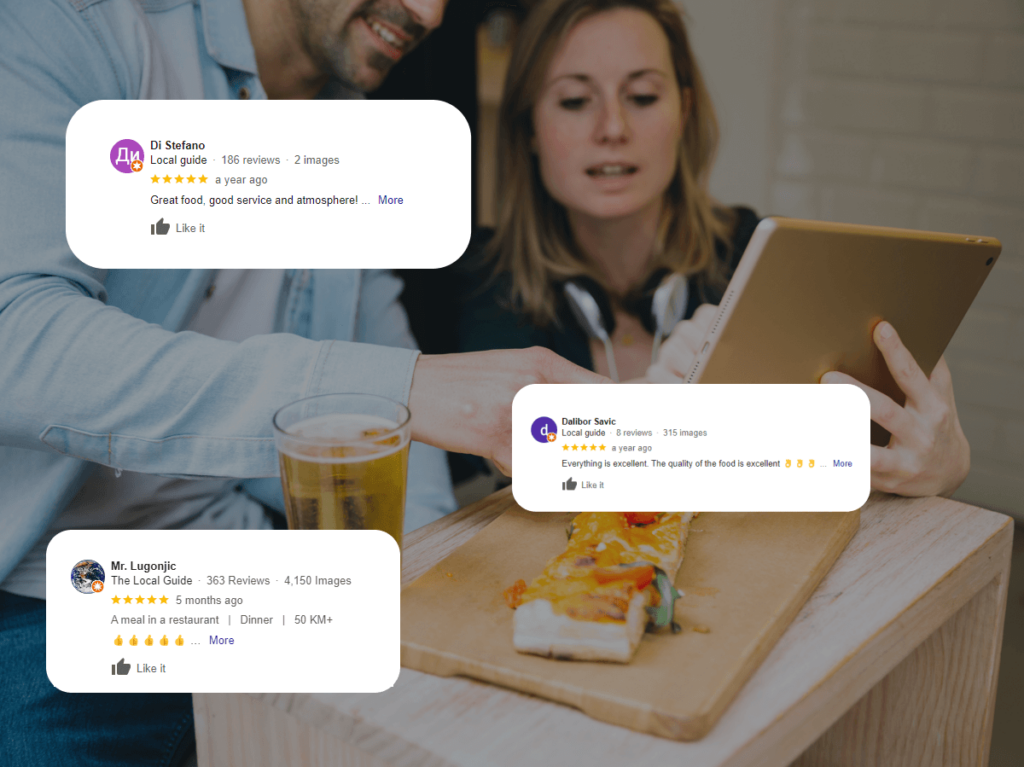 Mock-up of a restaurant webpage with customer reviews and high star ratings