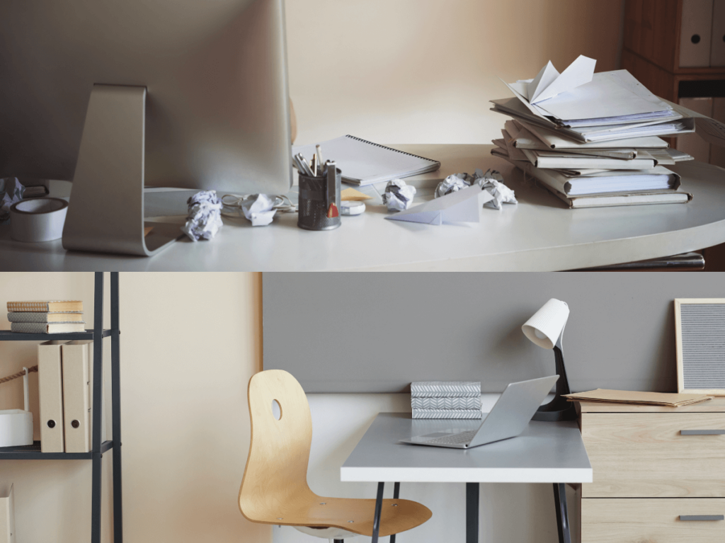 A messy desk full of papers and a tidy desk with minimal items, showcasing before and after organisation