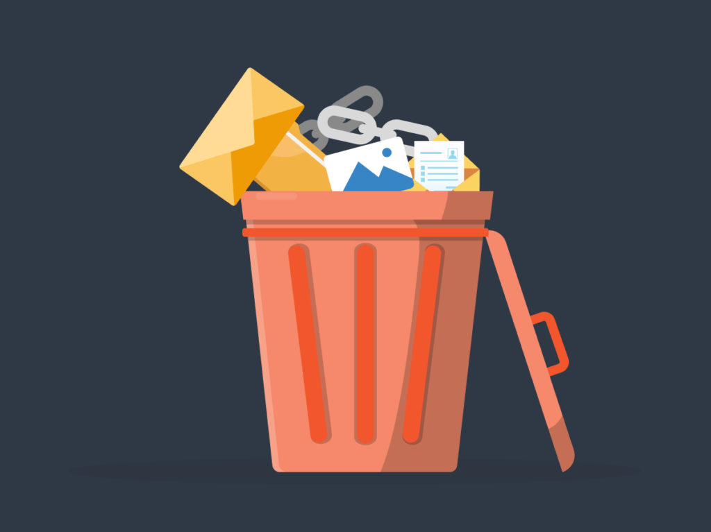 A trash bin filled with digital icons for email, links, and documents, representing the disposal of toxic backlinks