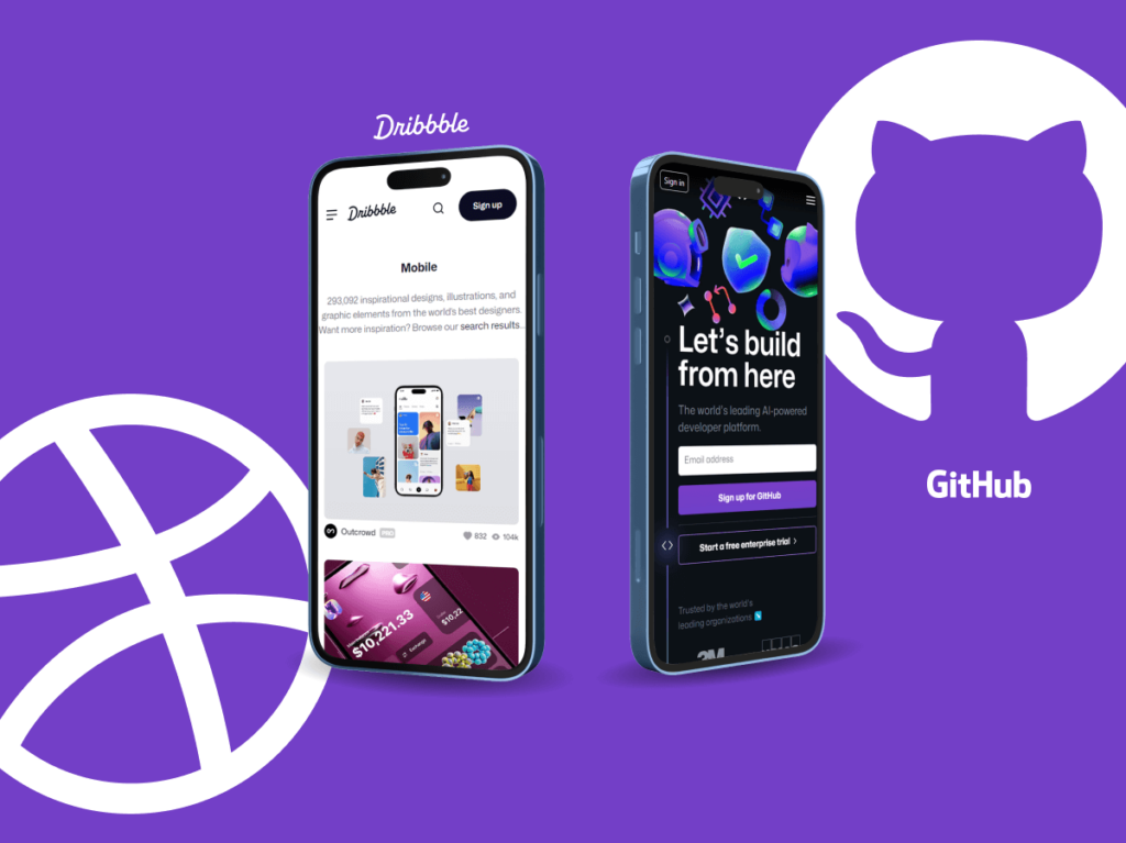 Screenshots of Dribbble and GitHub websites on mobile phones highlighting their responsive mobile web designs