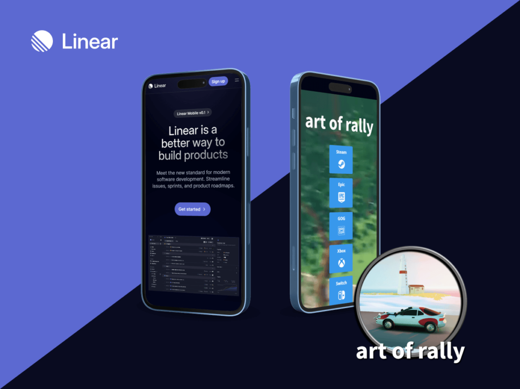 Mobile screens displaying the Linear and Art Of Rally websites, showcasing their fast-loading capabilities