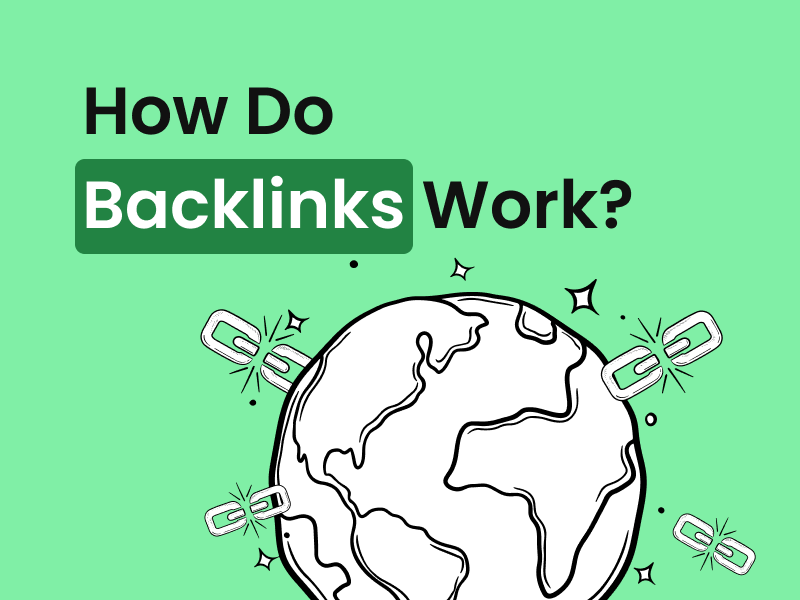 Featured image with the text "How Do Backlinks Work?" on a green background with a graphic of the world surrounded by links