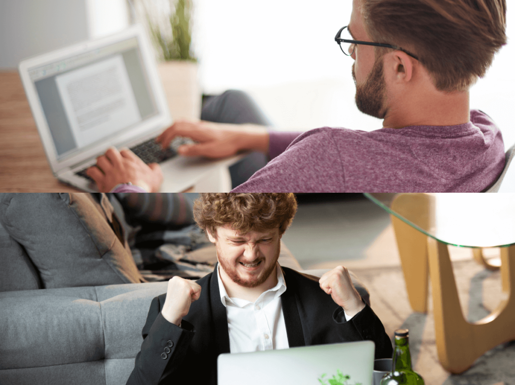 A split image contrasting a person bored by plain website content with another person engaged with interactive content on a laptop