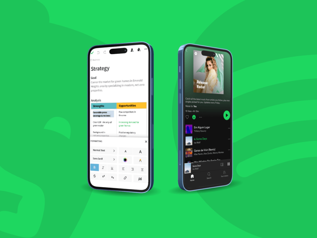 Screenshots of Spotify and Evernote mobile apps with user-friendly navigation and big button design