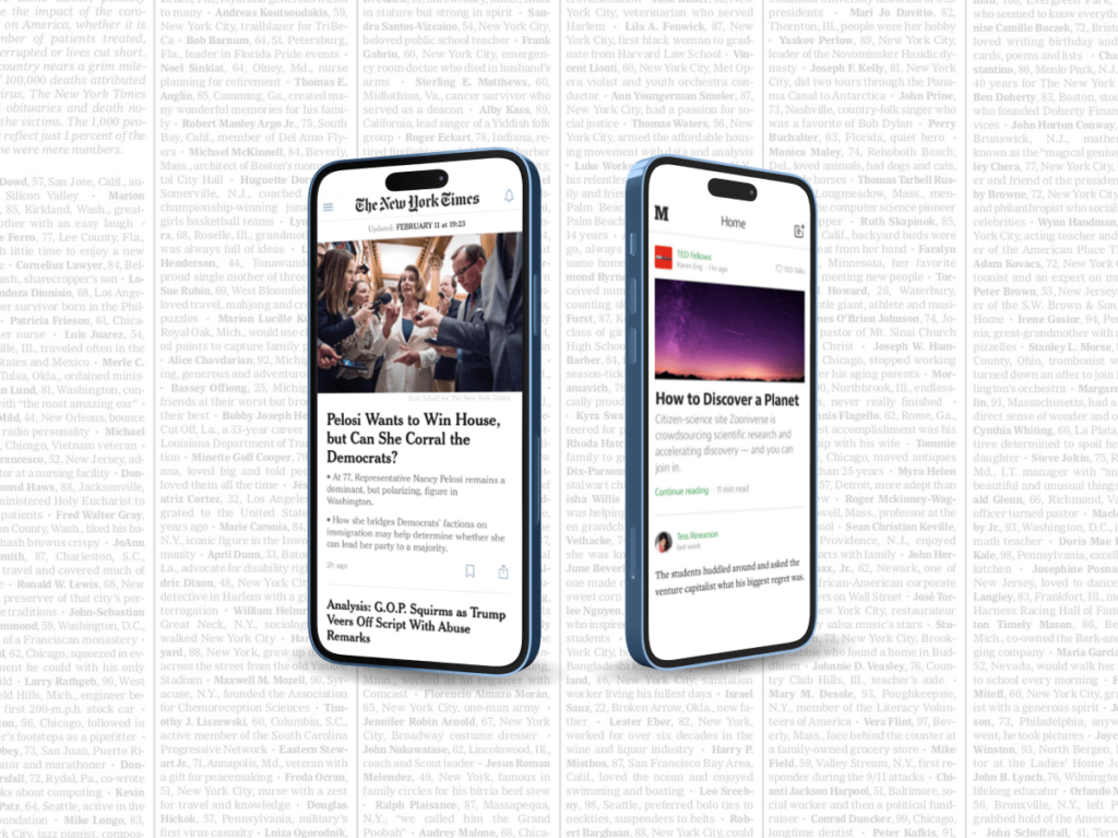 Mobile displays of The New York Times and Medium articles, demonstrating good text readability on small screens