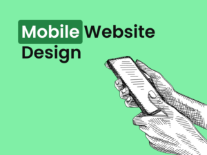 Mobile website design on a green background with a graphic of two hands holding a smartphone