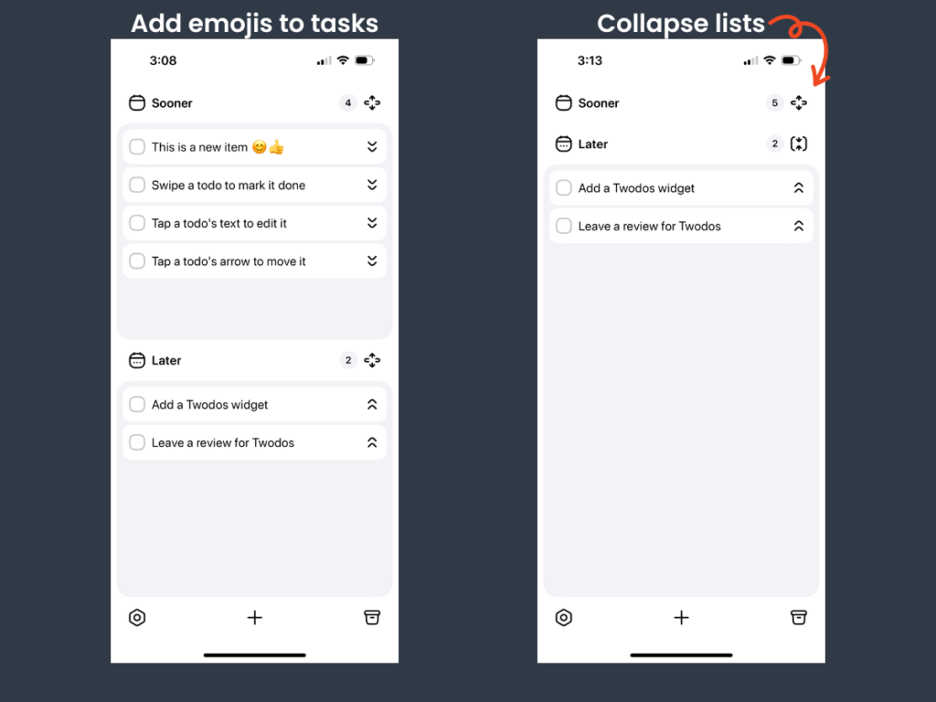 Screenshot of the Twodos app showing collapsable lists and task names with emojis