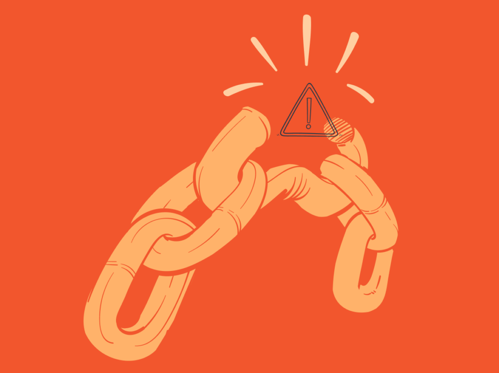 A broken link with an exclamation warning sign against an orange background, highlighting risky SEO practices