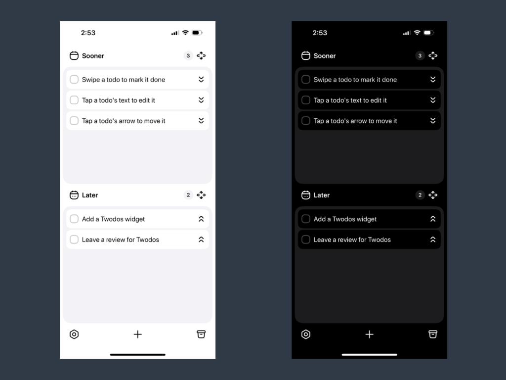 Screenshots of the Twodos app in light and dark mode