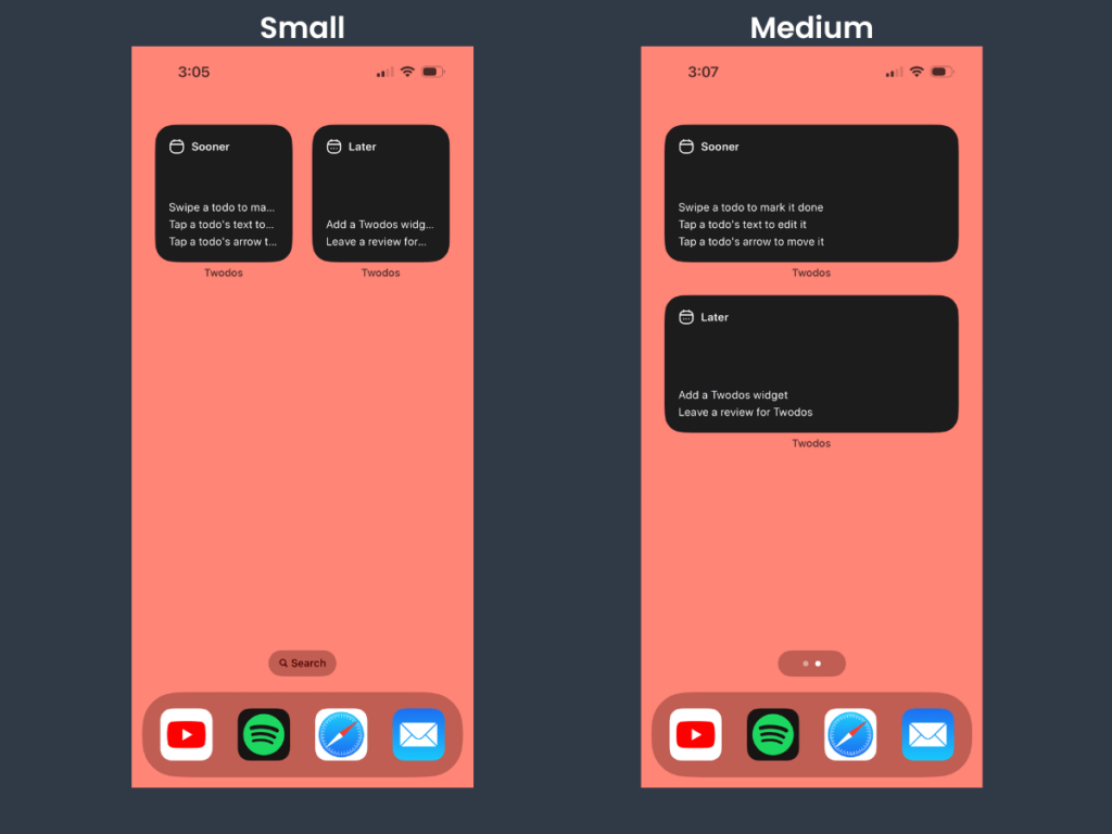 Screenshots of the Twodos app widgets on an iPhone home screen in small and medium sizes in dark theme