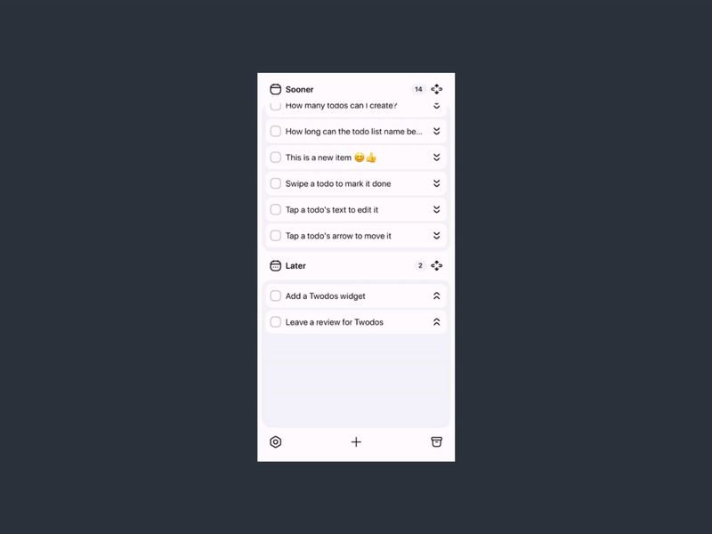 A GIF of the Twodos app showing a task being marked as complete and disappearing from the list