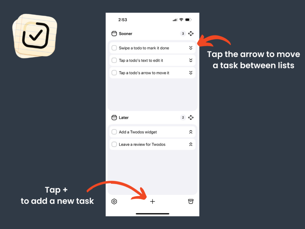 Screenshot of the Twodos list app showing how to add a new task and move tasks between lists