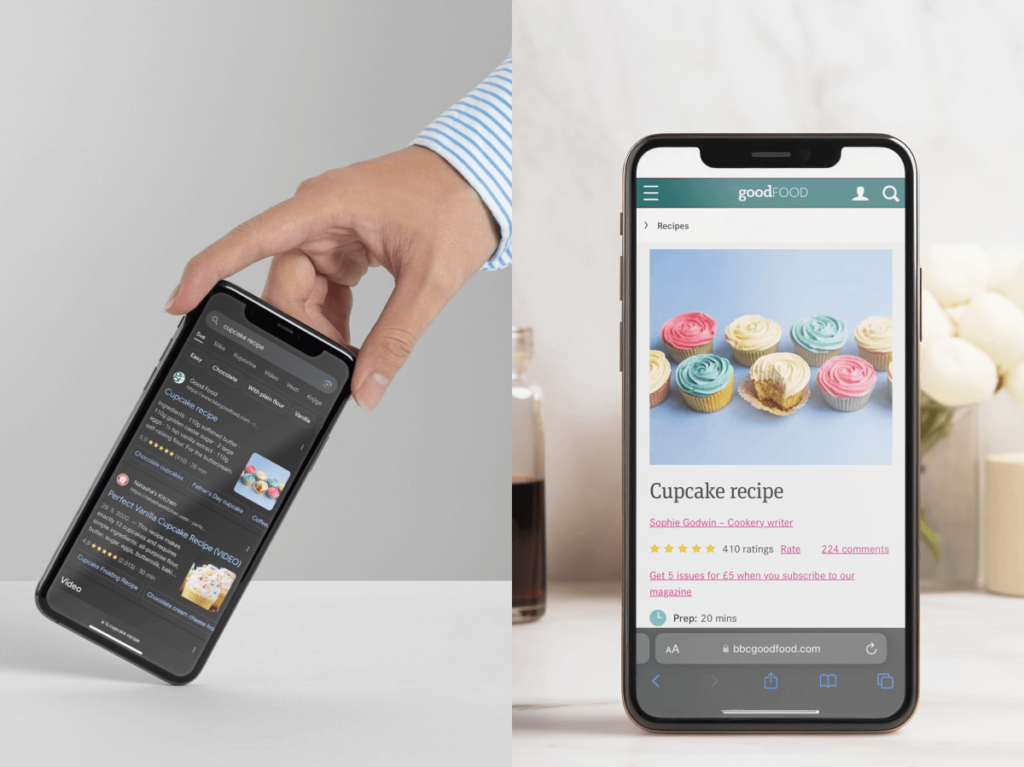 A person’s hand holding a mobile phone with search results for cupcake recipes, and another hand holding a phone displaying a colourful cupcake recipe