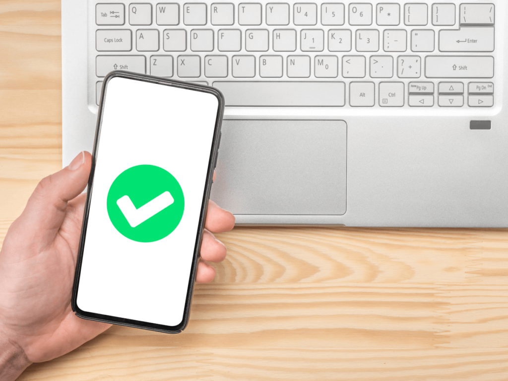 Hand holding a smartphone with a green check mark on the screen, symbolising website approval and credibility