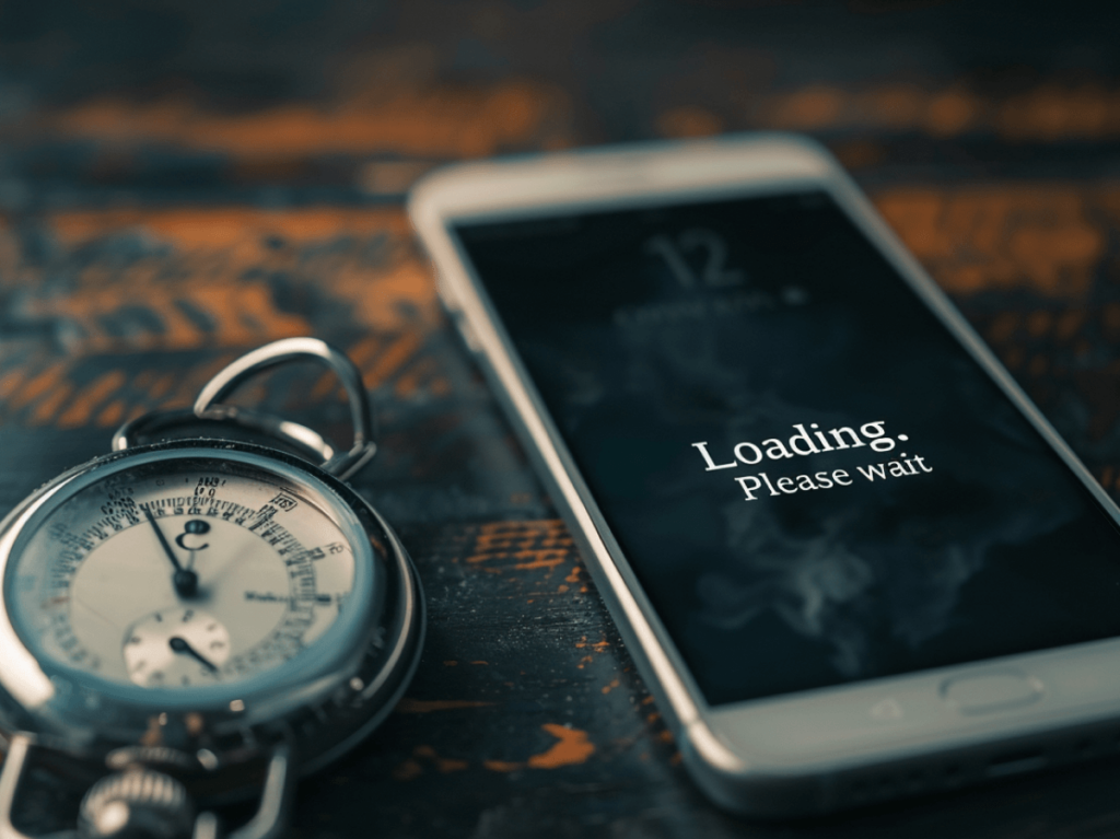 A vintage stopwatch next to a smartphone with a 'Loading. Please wait' message on screen