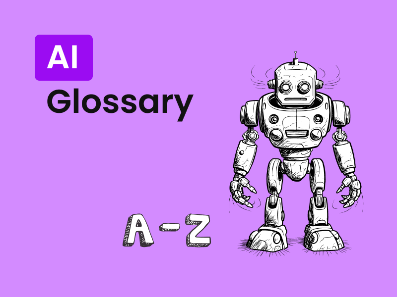 AI Glossary featured image with a robot graphic standing next to the letters A to Z