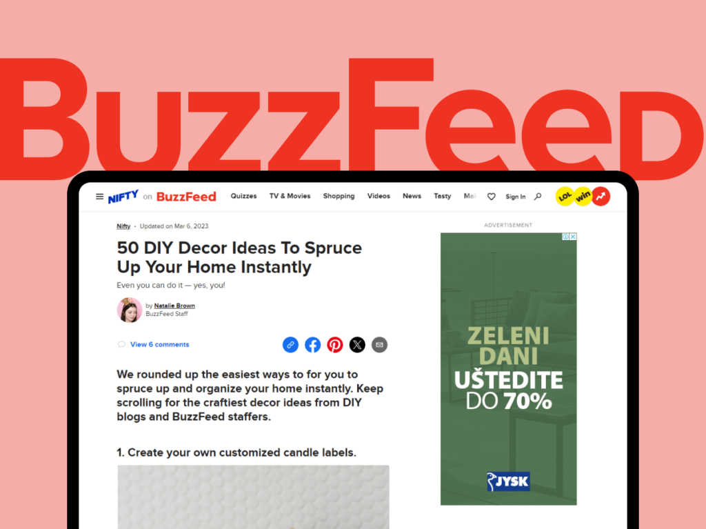 Screenshot of Buzzfeed article listing 50 DIY decor ideas to spruce up your home