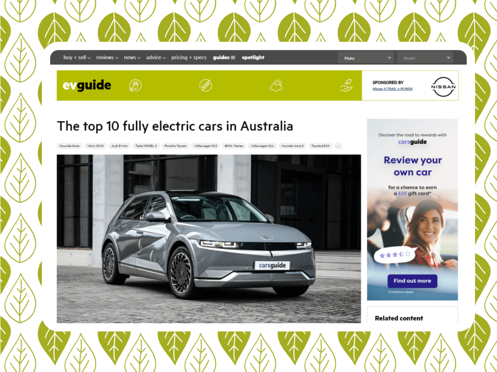 Screenshot of CarsGuide article listing the top 10 fully electric cars in Australia
