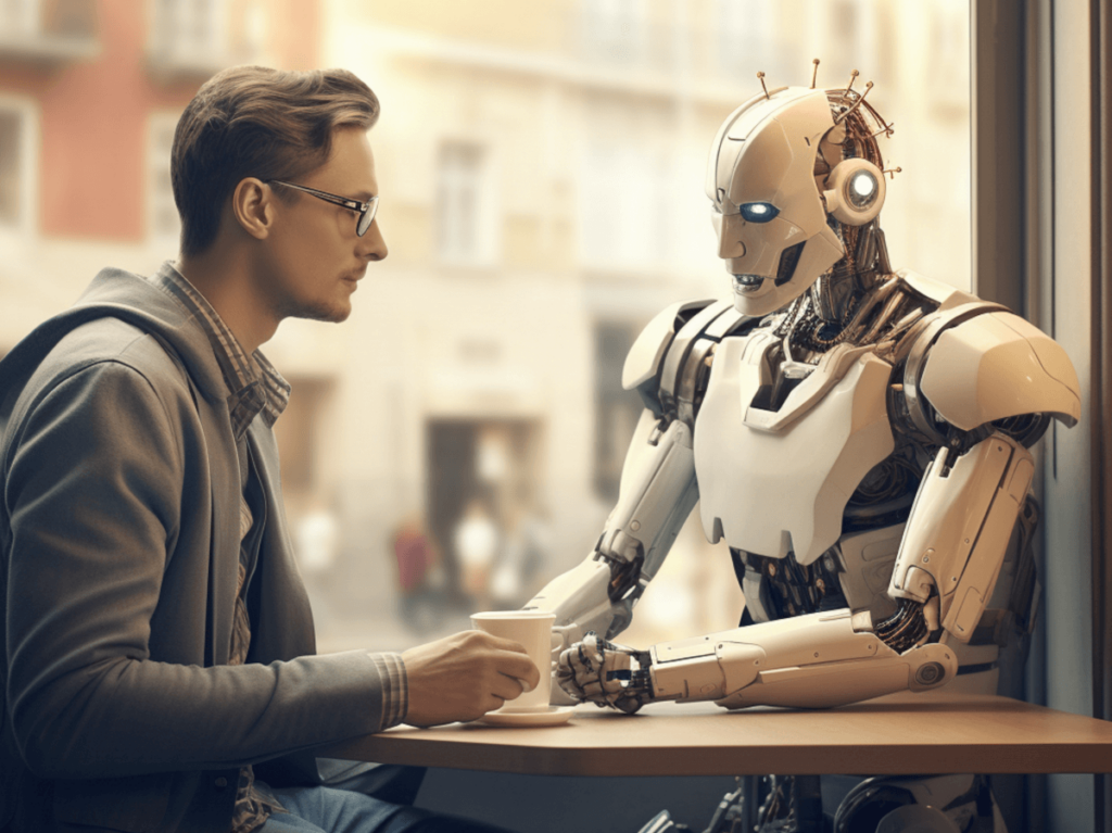 A person sitting at a table, having a conversation with a humanoid robot