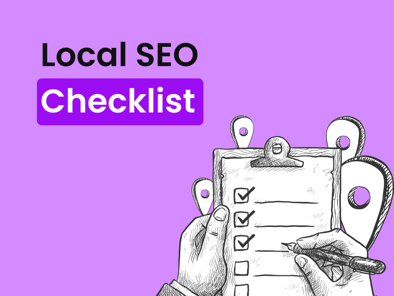 Illustration of a hand holding a checklist with location pin icons, titled Local SEO Checklist
