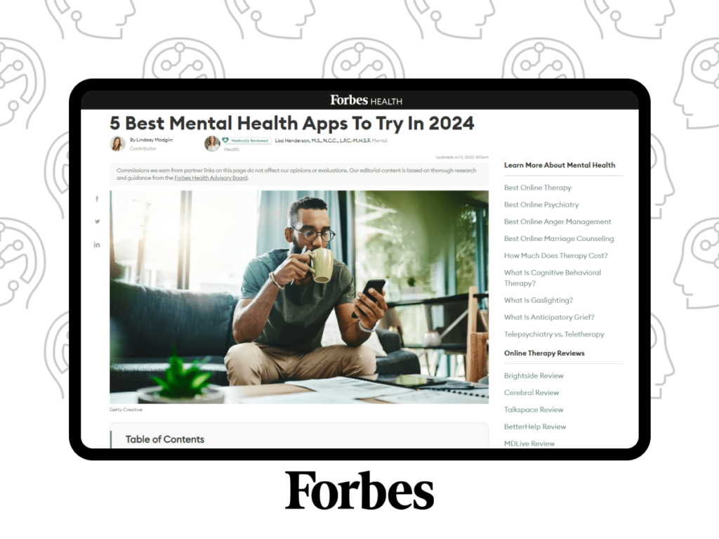Screenshot of Forbes article listing 5 best mental health apps to try in 2024