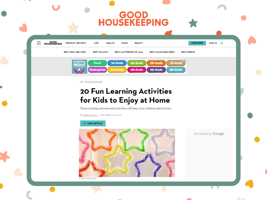 Screenshot of Good Housekeeping article listing 20 fun learning activities for kids to enjoy at home