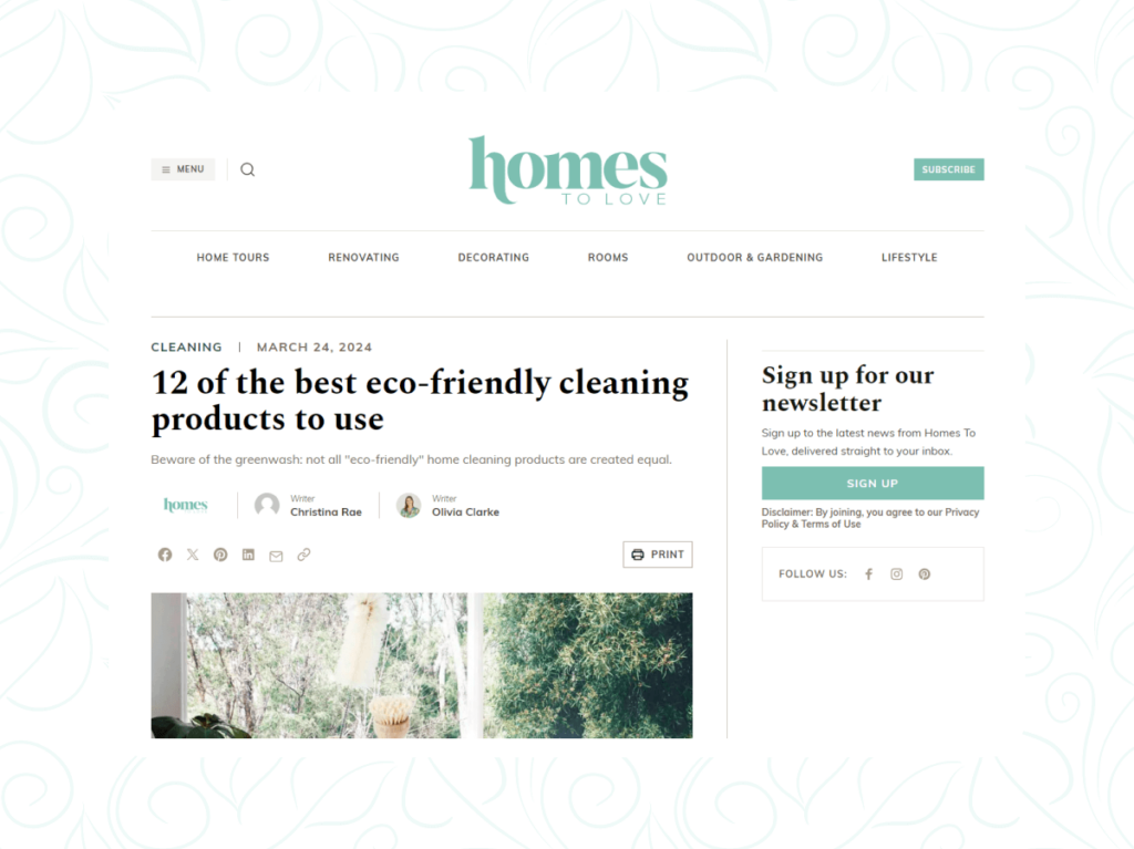 Screenshot of Homes To Love article listing 12 eco-friendly cleaning products