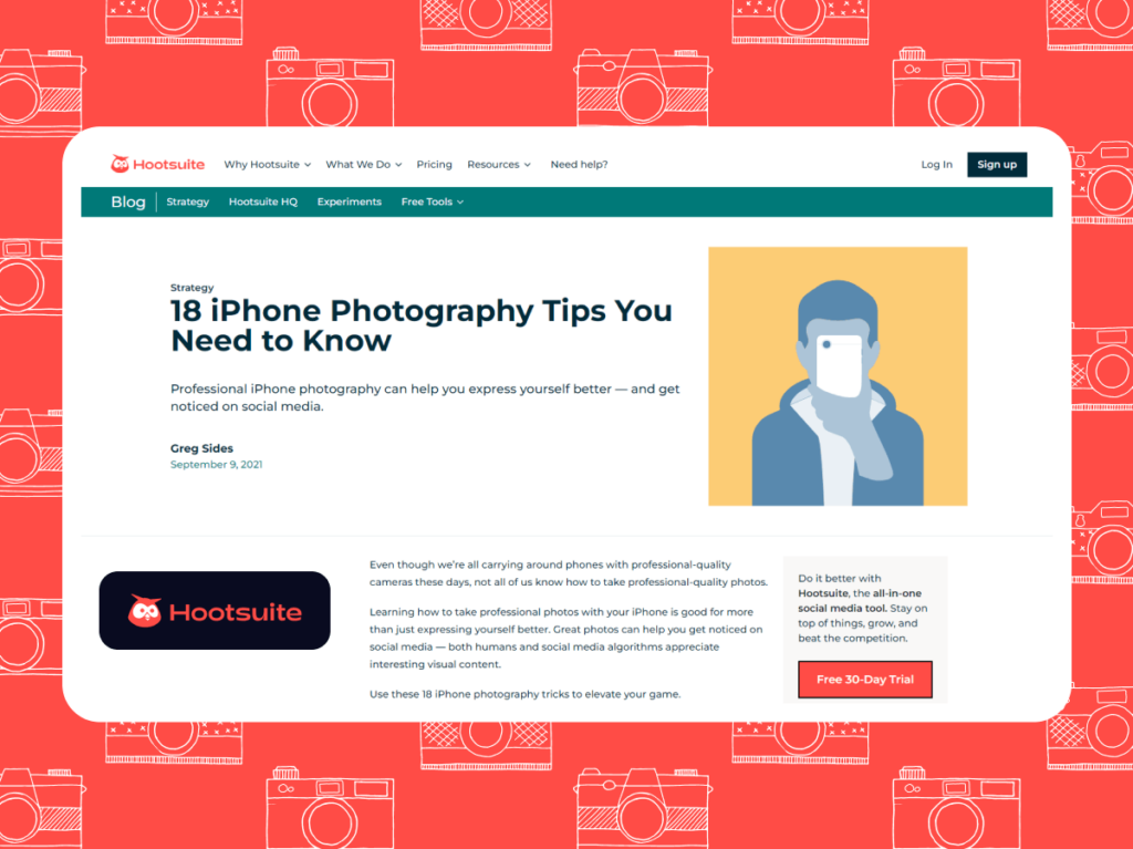 Screenshot of Hootsuite article with 18 iPhone photography tips