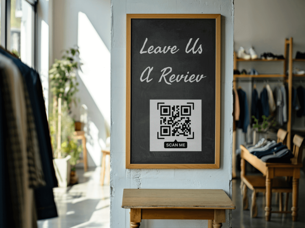A chalkboard sign in a clothing store displaying "Leave Us A Review" with a QR code for easy scanning