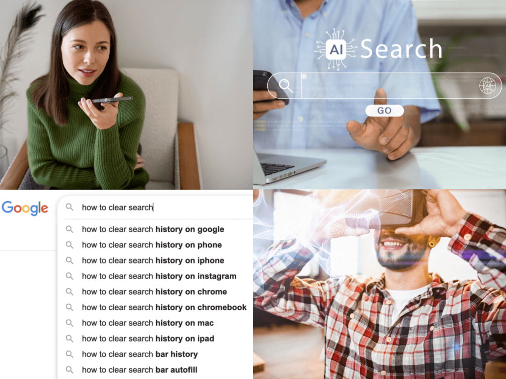 Collage of a person using voice search, a search history on Google, and a man experiencing augmented reality