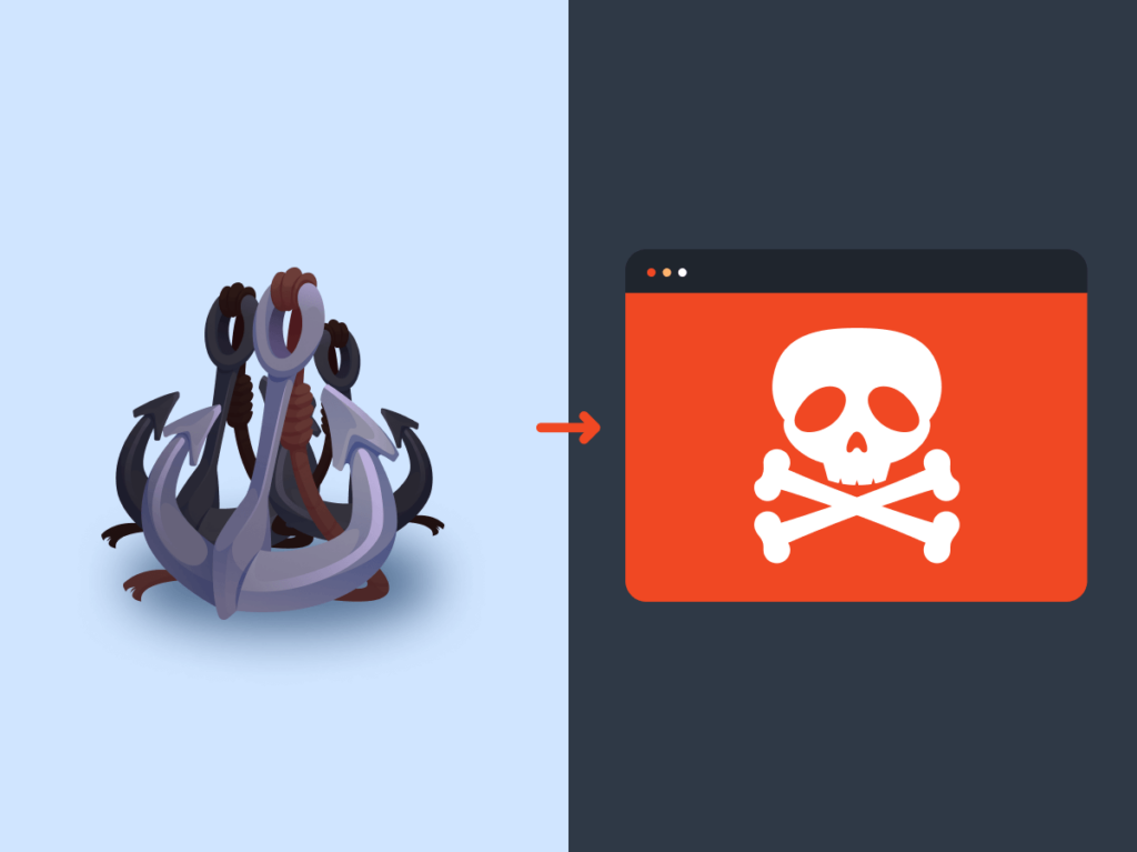Illustration of overloaded anchors leading to a website with a skull and crossbones, representing spammy anchor text
