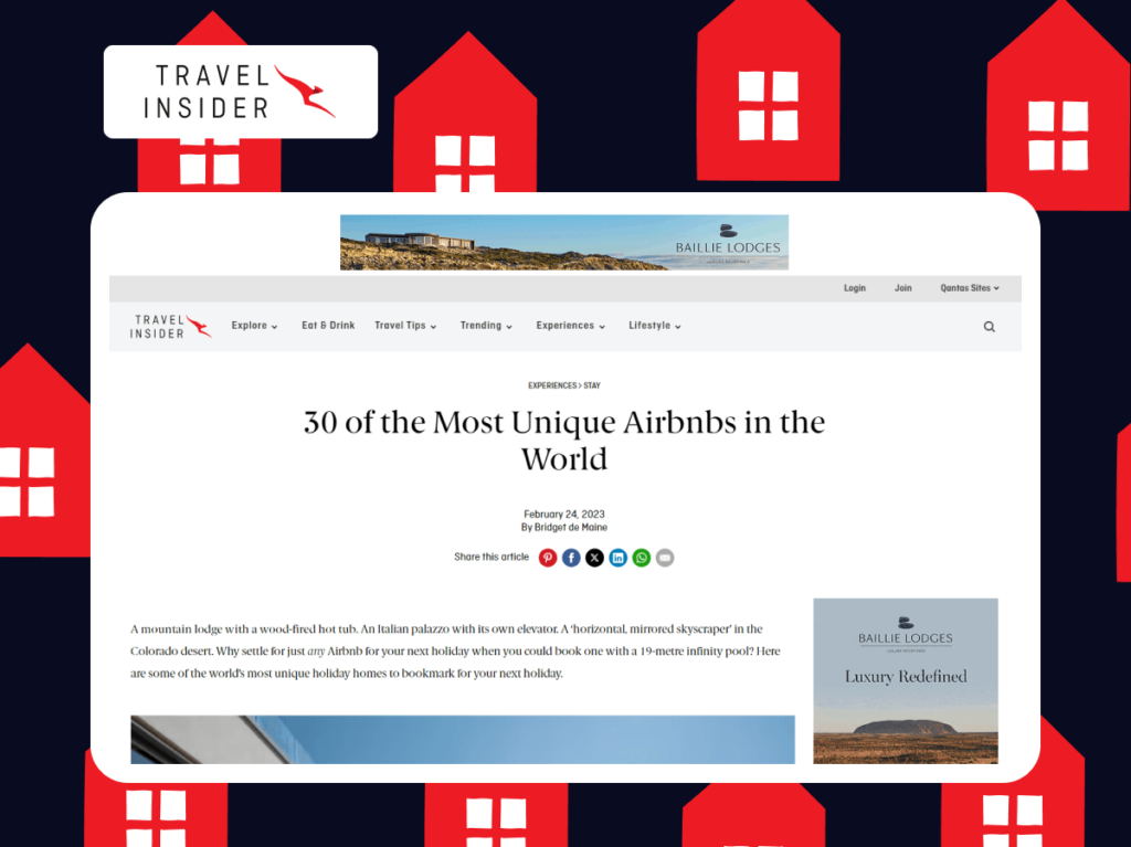 Screenshot of Qantas Travel Insider article listing 30 unique Airbnbs around the world
